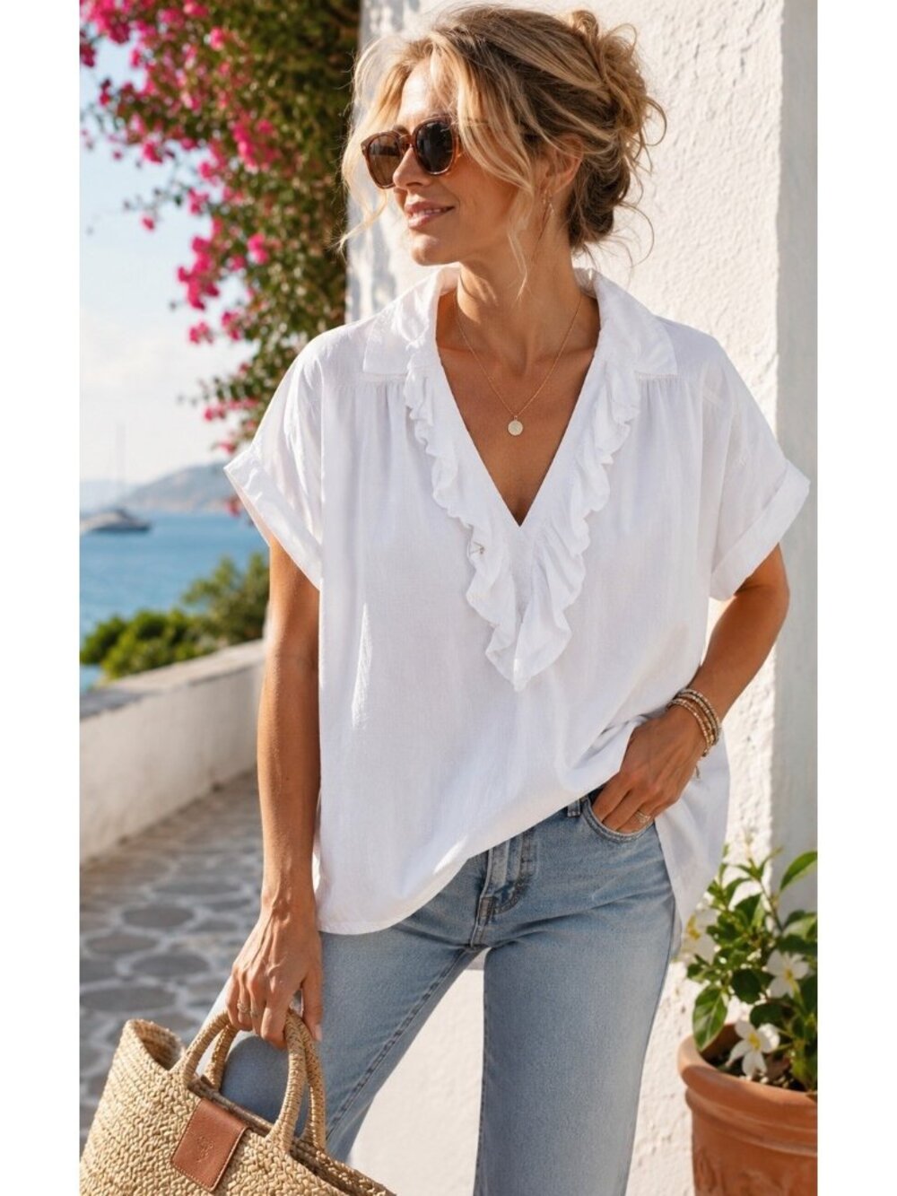 New Anthropologie Pilcro White Reworked Short Sleeve Ruffled Top Blouse SZ PXL